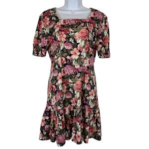 Zanoni by Jalate Floral Dress Vintage 90s Square Neck Drop Waist Midi Large USA